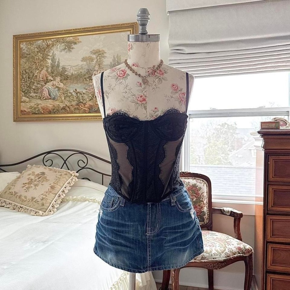 out from under black‎ mesh lace corset top size small